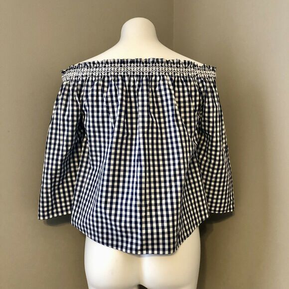 Madewell Gingham Blouse XXS Off Shoulder Navy Blue And White Checked Loose Fit - Picture 4 of 11